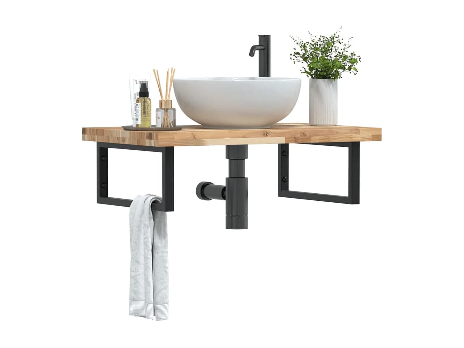 Meuble sous vasque murale acier et bois massif d'acacia FR552610