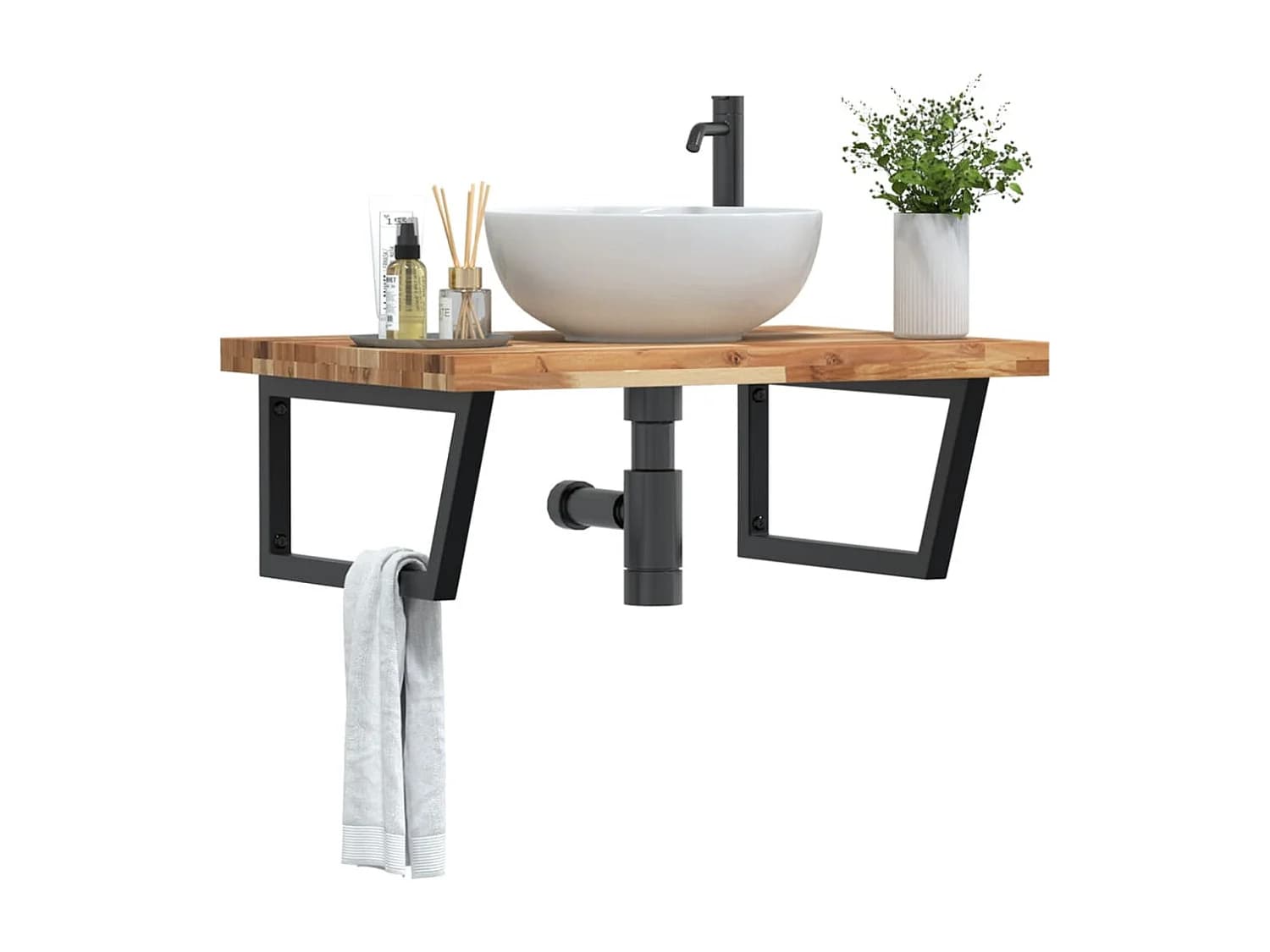 Meuble sous vasque murale acier et bois massif d'acacia FR215878