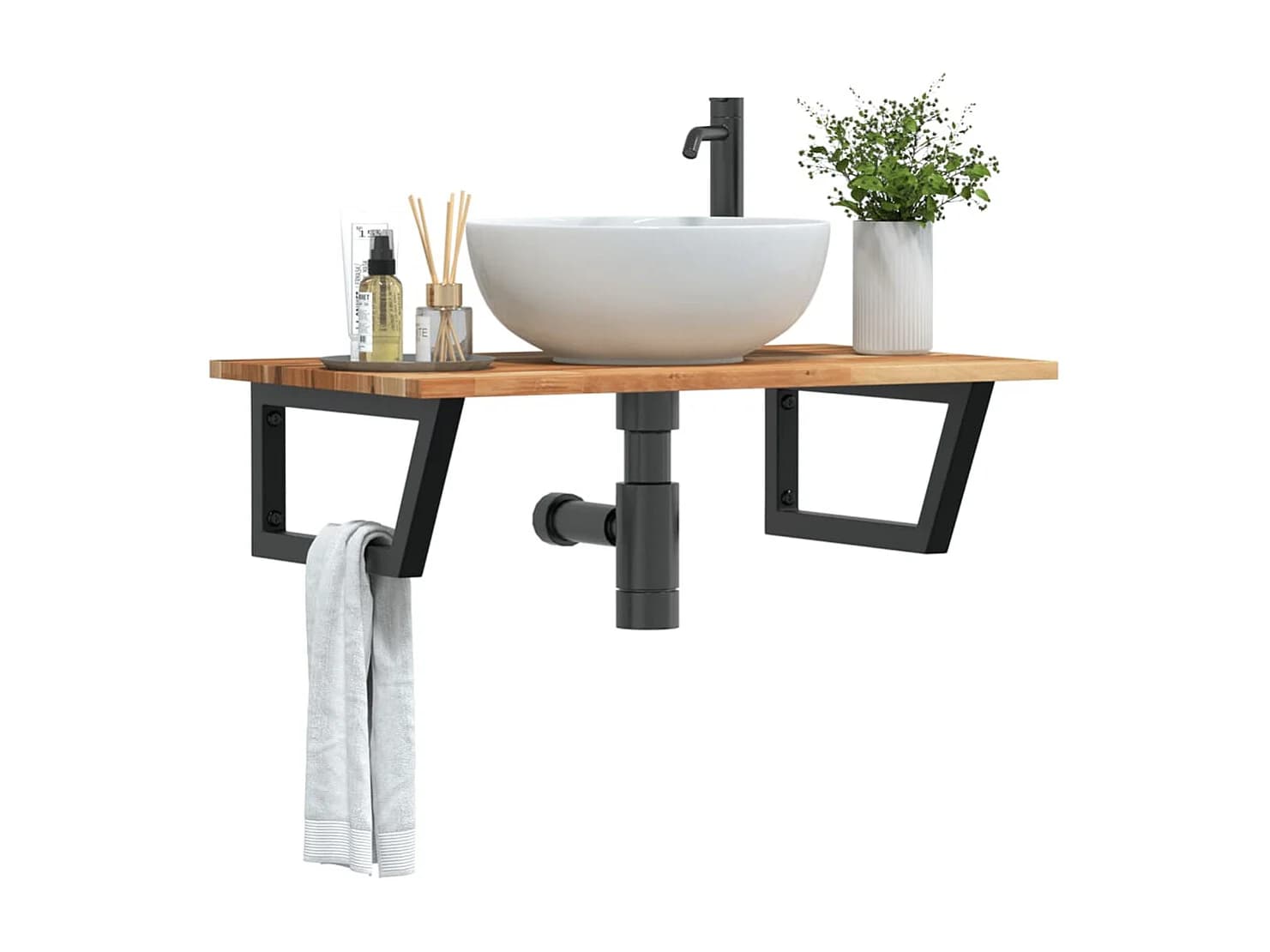 Meuble sous vasque murale acier et bois massif d'acacia FR565854