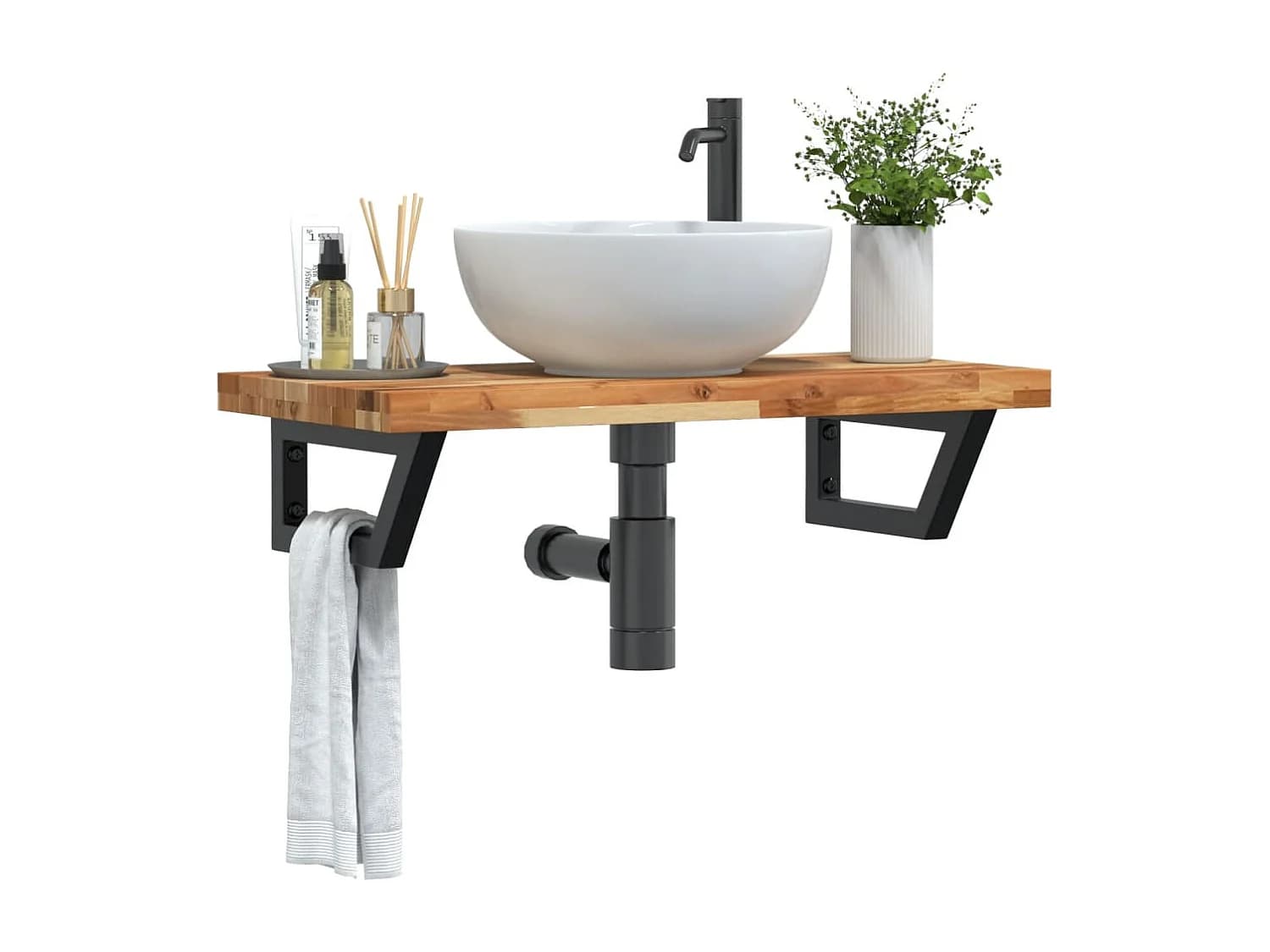 Meuble sous vasque murale acier et bois massif d'acacia FR216024