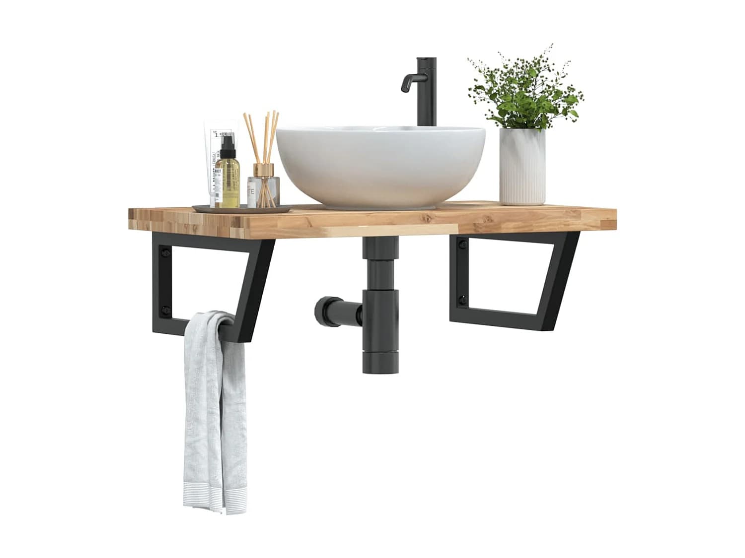 Meuble sous vasque murale acier et bois massif d'acacia FR634292