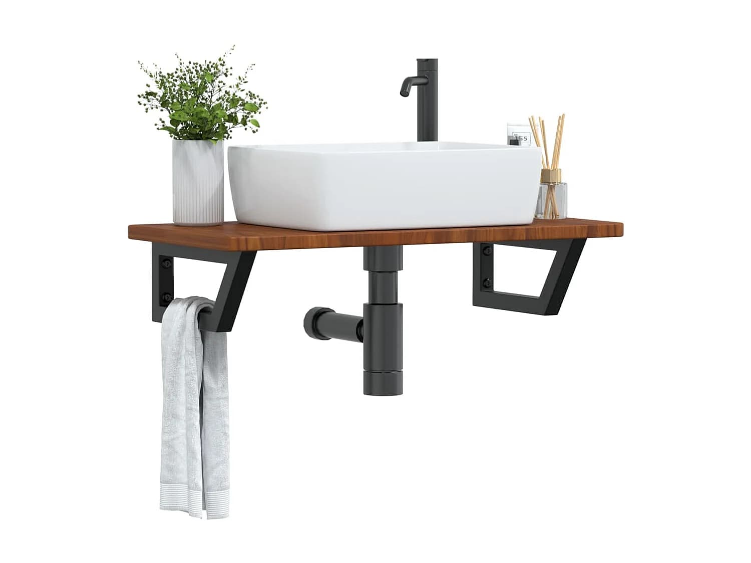 Meuble sous vasque murale acier et bois de chêne massif FR452413