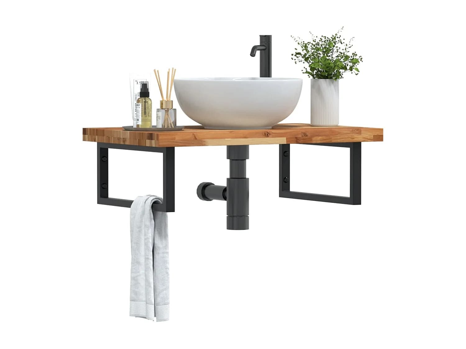 Meuble sous vasque murale acier et bois massif d'acacia FR651729