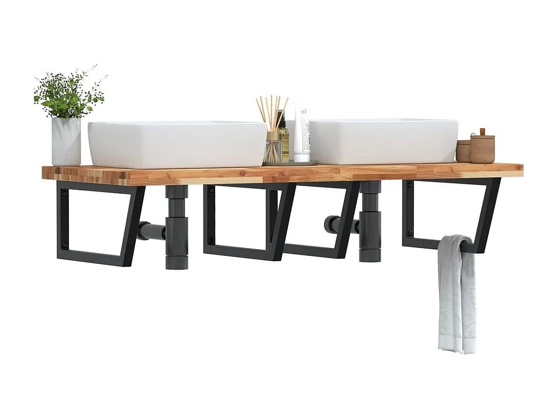 Meuble sous vasque murale acier et bois massif d'acacia FR498934