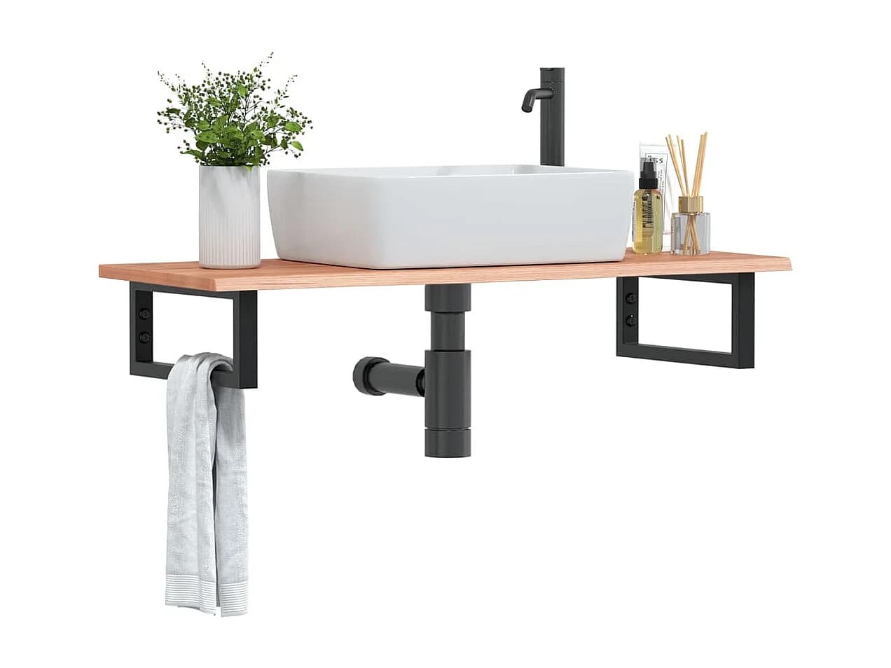 Meuble sous vasque murale acier et bois de chêne massif FR915356
