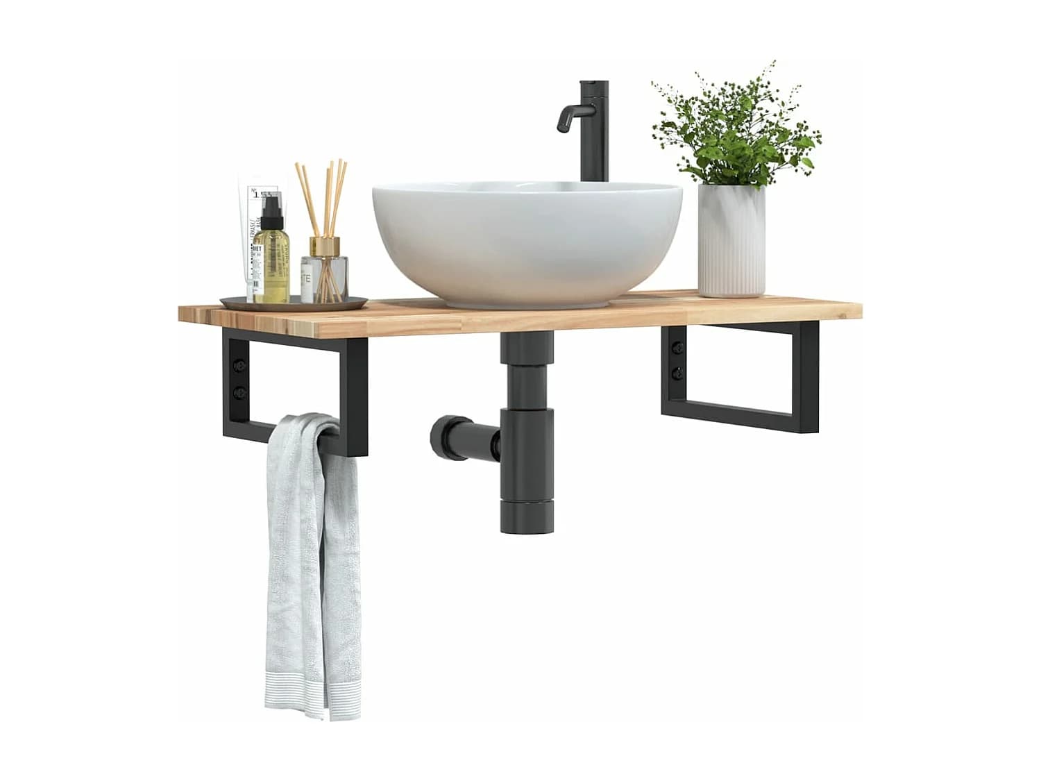 Meuble sous vasque murale acier et bois massif d'acacia FR481107