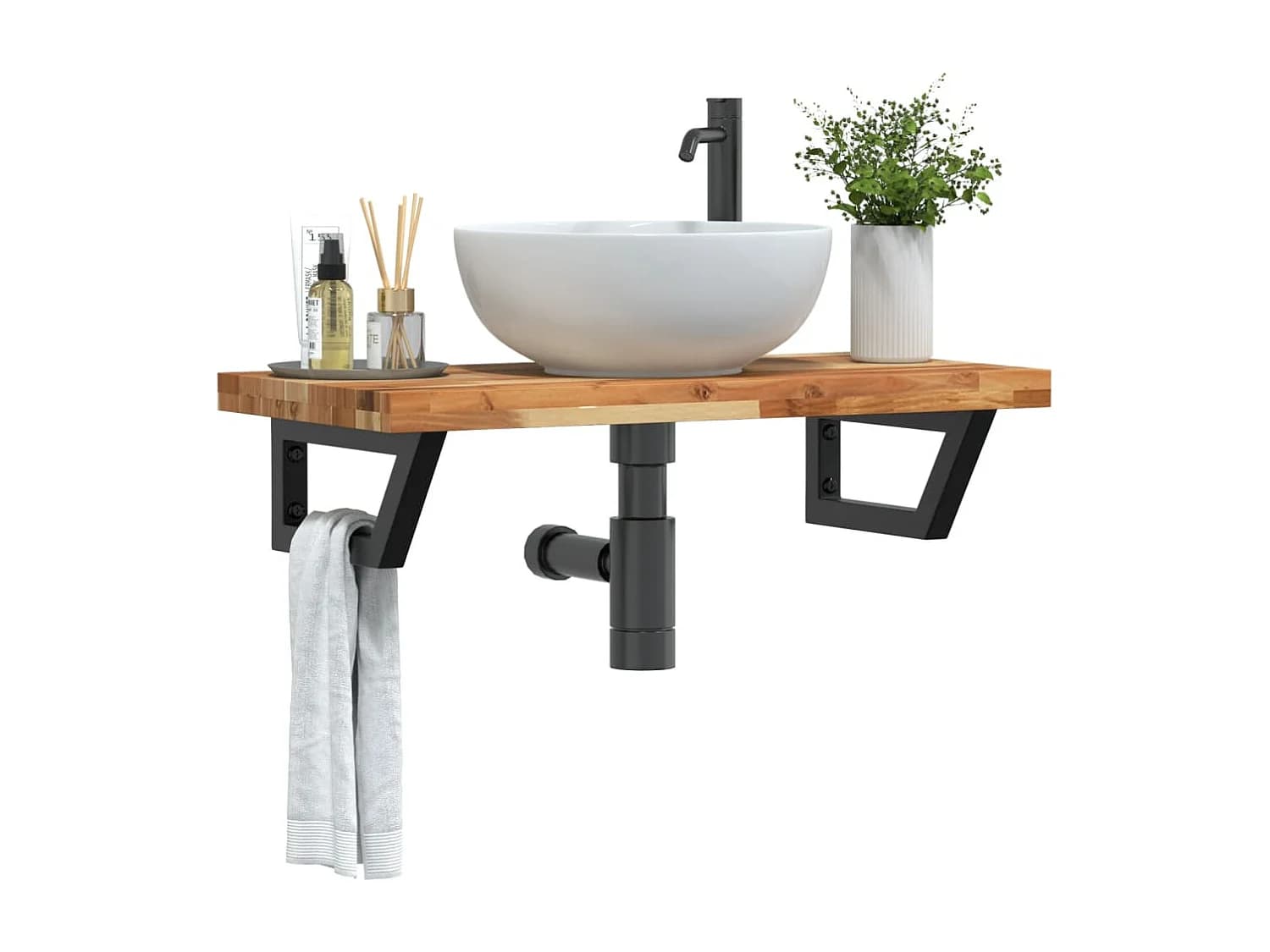 Meuble sous vasque murale acier et bois massif d'acacia FR185307