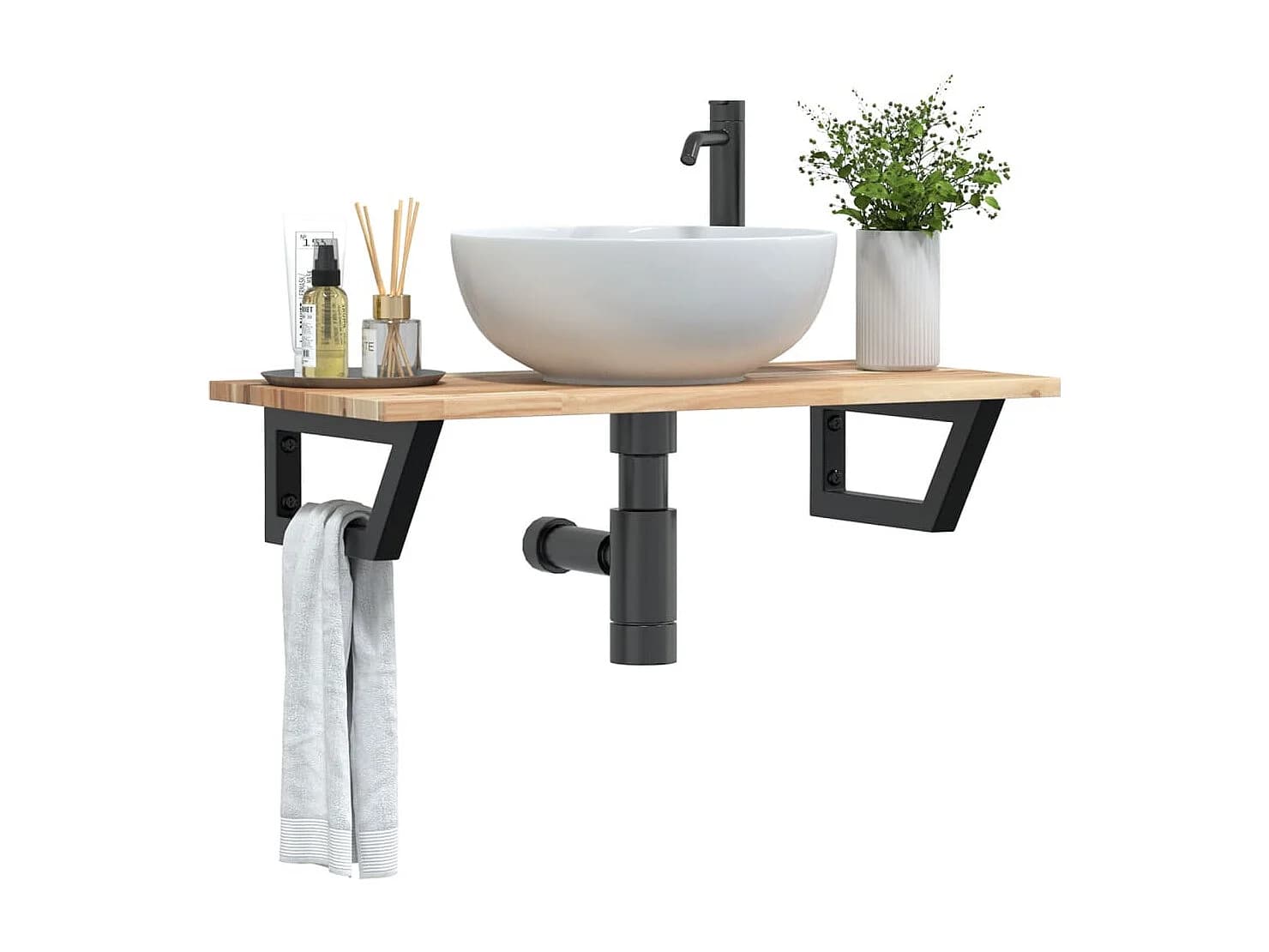 Meuble sous vasque murale acier et bois massif d'acacia FR300244