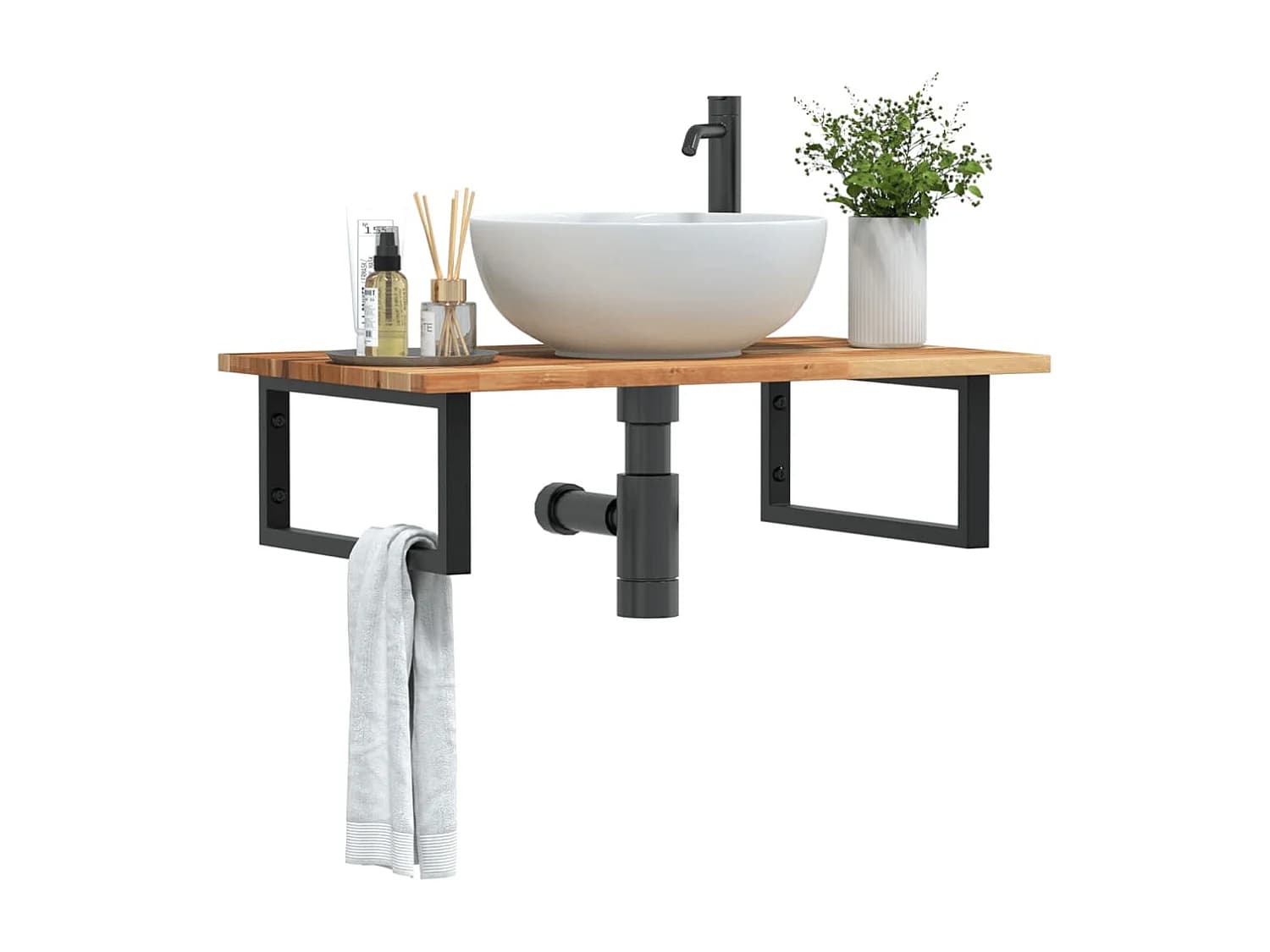 Meuble sous vasque murale acier et bois massif d'acacia FR790523