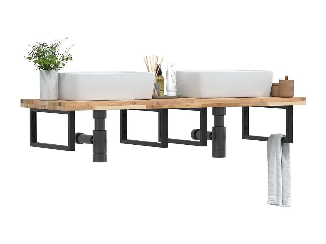 Meuble sous vasque murale acier et bois massif d'acacia FR887969