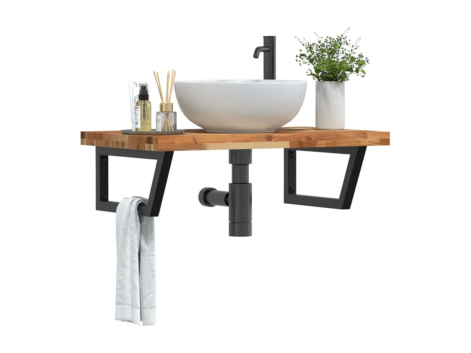 Meuble sous vasque murale acier et bois massif d'acacia FR485977