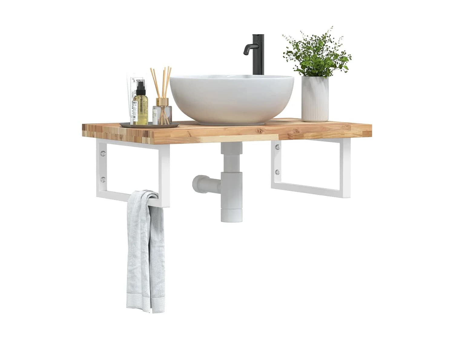 Meuble sous vasque murale acier et bois massif d'acacia FR433402