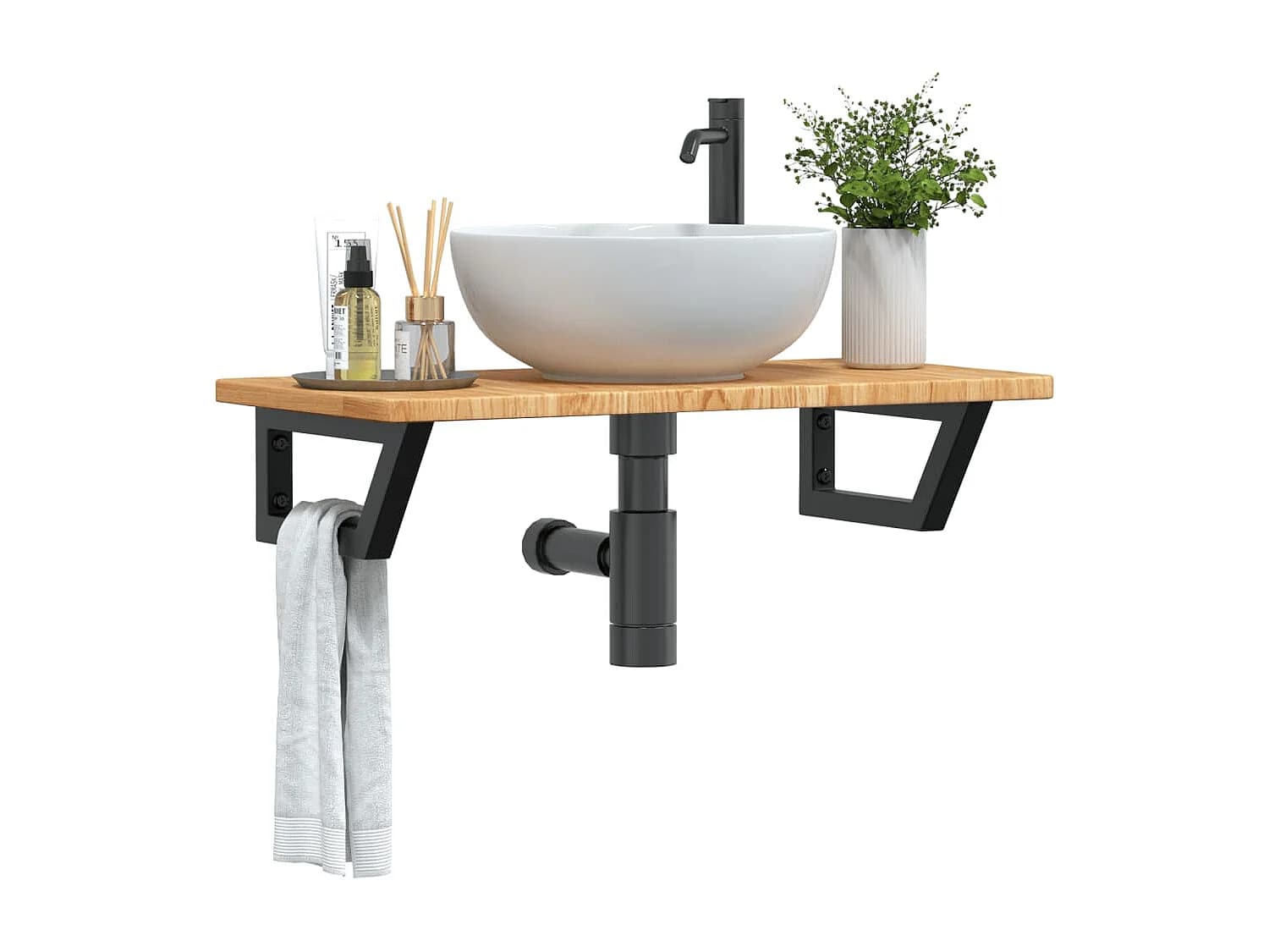 Meuble sous vasque murale acier et bois de chêne massif FR414009
