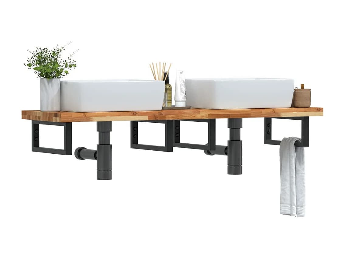 Meuble sous vasque murale acier et bois massif d'acacia FR727449