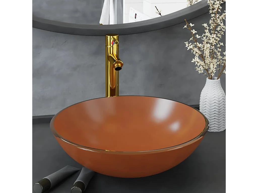 Vasque de bain avec robinet et drain à poussoir Verre trempé FR462695