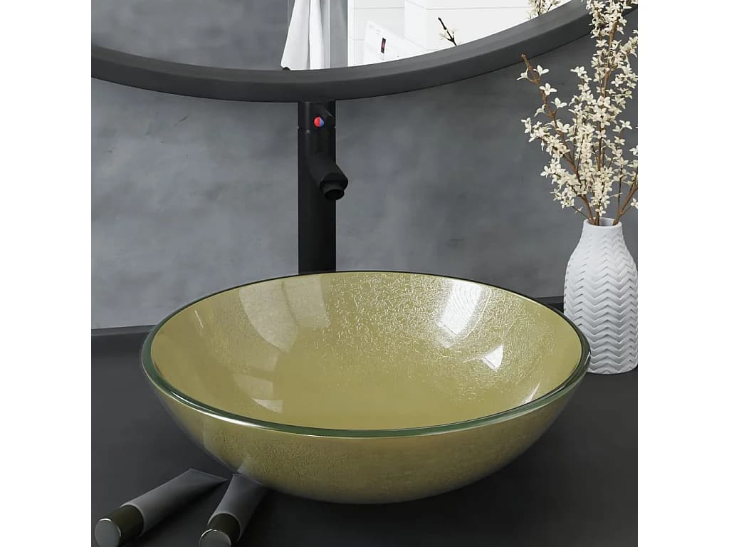 Vasque de bain avec robinet et drain à poussoir Verre trempé FR470109