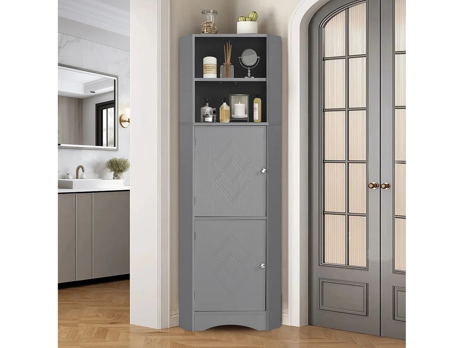 Colone d'angle de salle de bain - 2 compartiments ouverts et 2 portes - étagères réglables - Gris