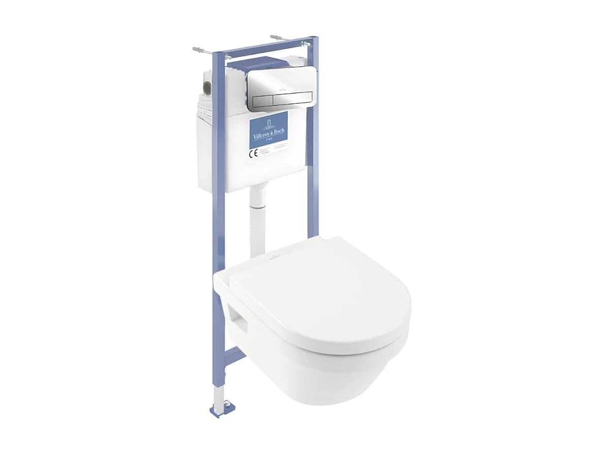 Pack WC sans bride VILLEROY ET BOCH Architectura avec abattant + bâti-support sol et mur Viconnect PRO + plaque chromée brillant