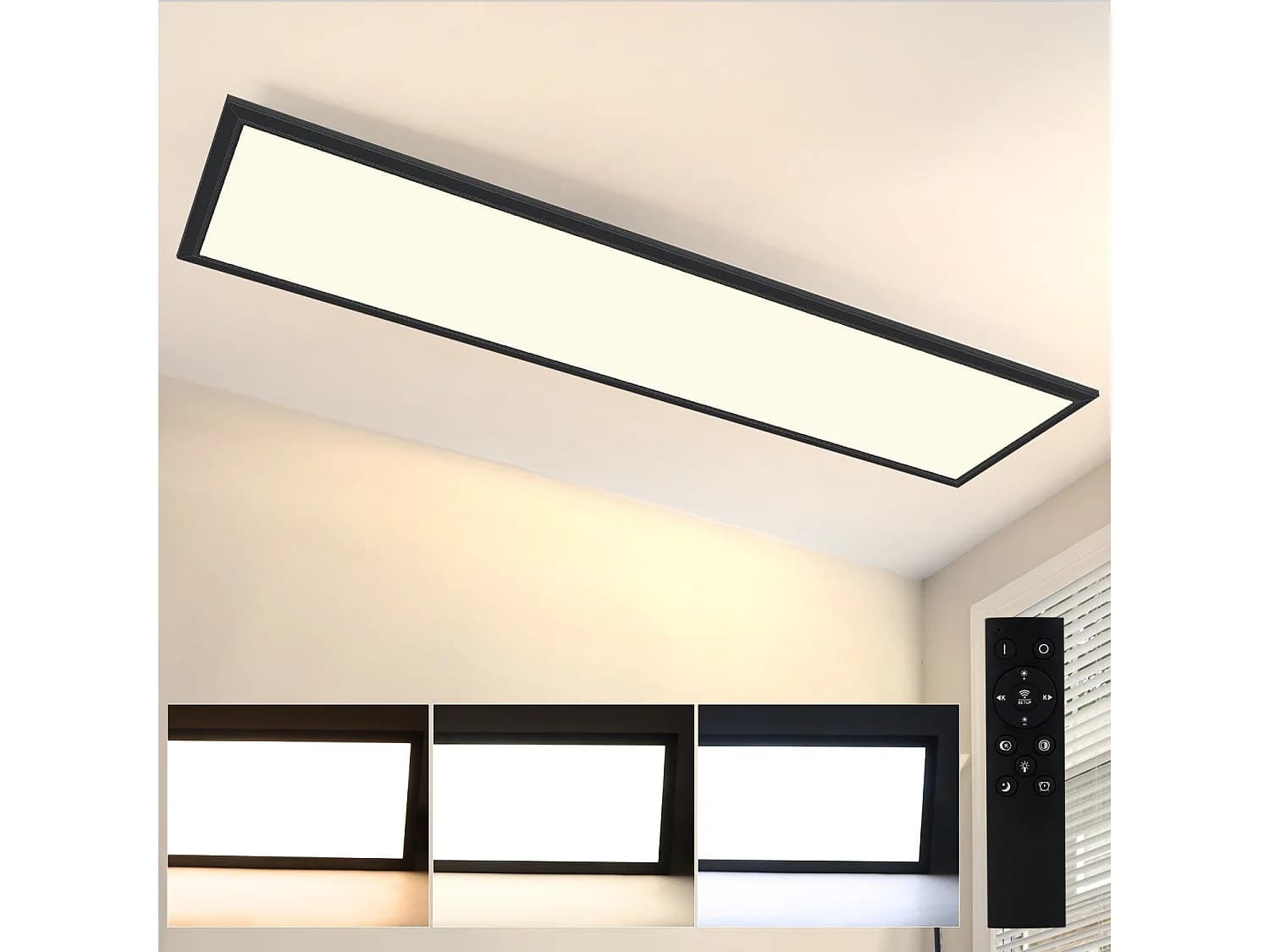 Nettlife Plafonnier LED 120 × 30 CM 48 W Panneau Noir Dimmable avec Télécommande pour Salon Moderne Bureau Cuisine Couloir – Matériel – LED – LED 000 K 500 K