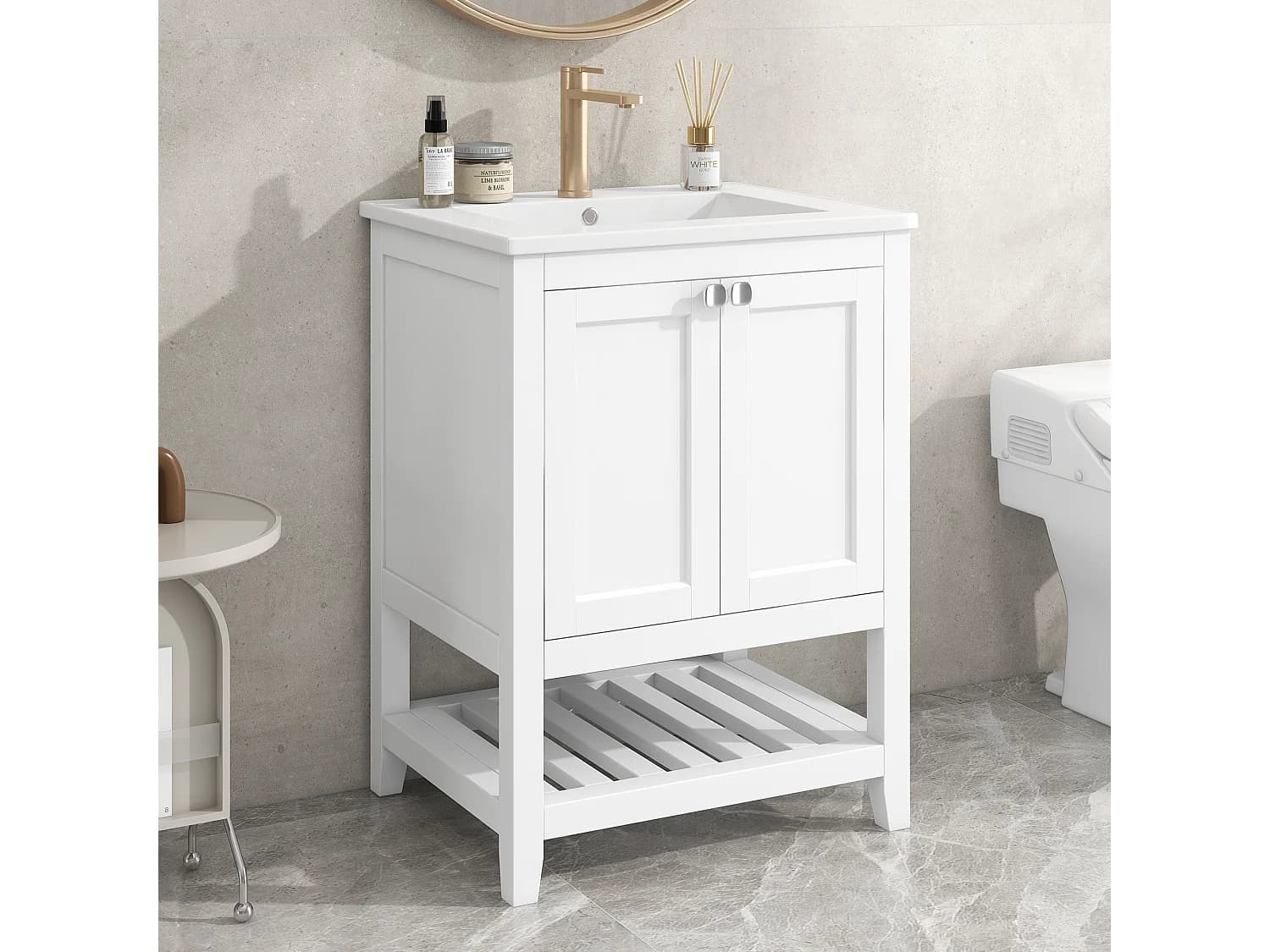 Meuble de salle de bain vasque simple avec meuble bas 60cm avec vasque en céramique, bois MDF, blanc