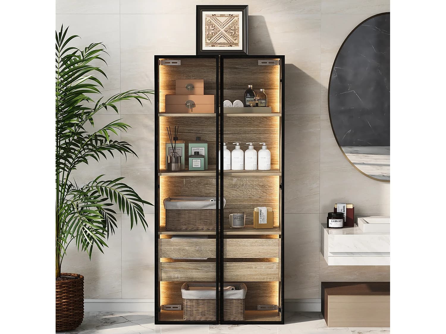 Meuble de salle de bain avec LEDs - 74 x 36 x 155 cm - 2 grands tiroirs et 2 portes vitrées - bois MDF - naturel
