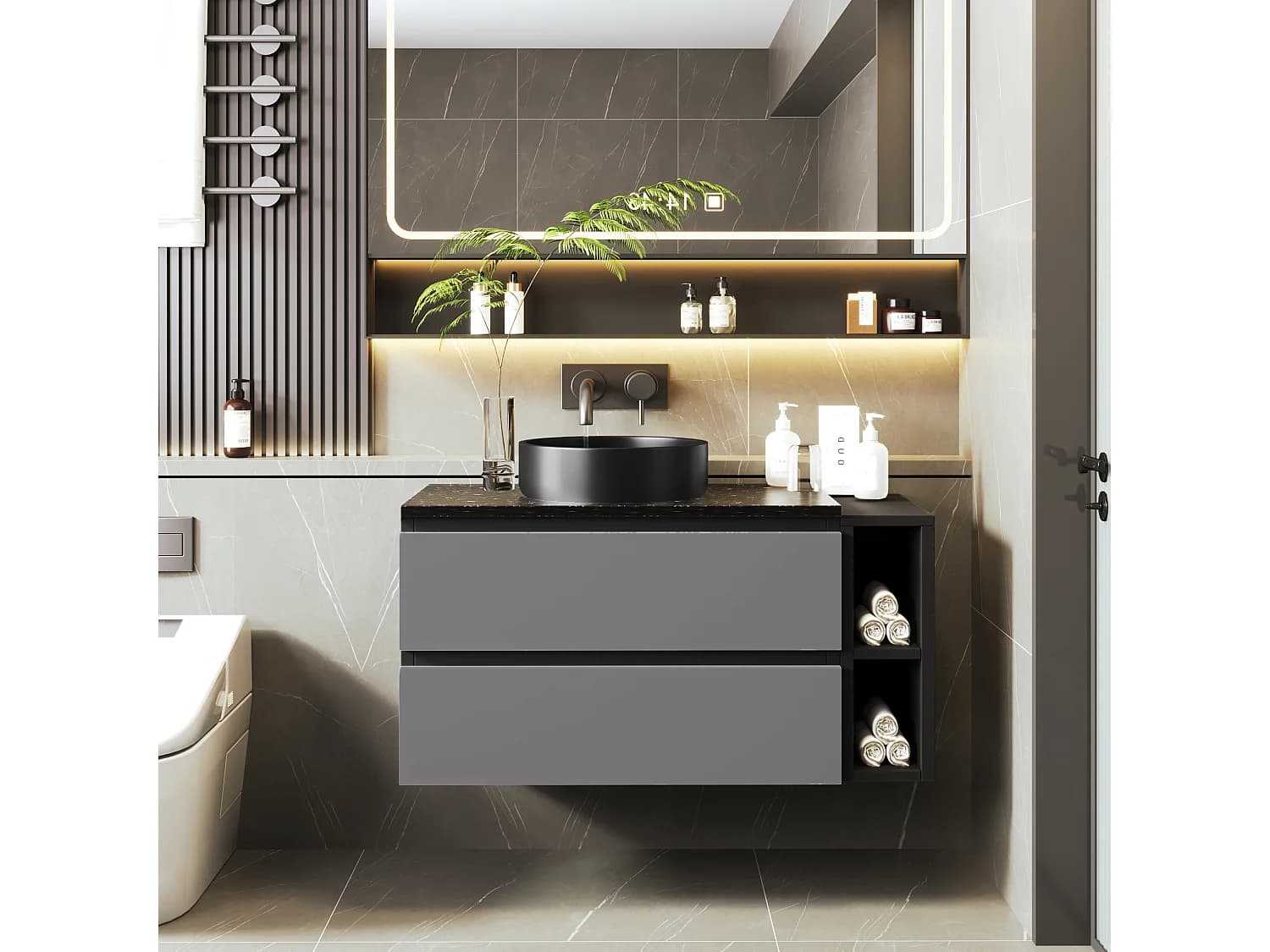 Meuble lave-main suspendu avec 2 tiroirs et étagères - lavabo encastré - 80 x 44 x 48.5 cm - bois MDF - gris + noir