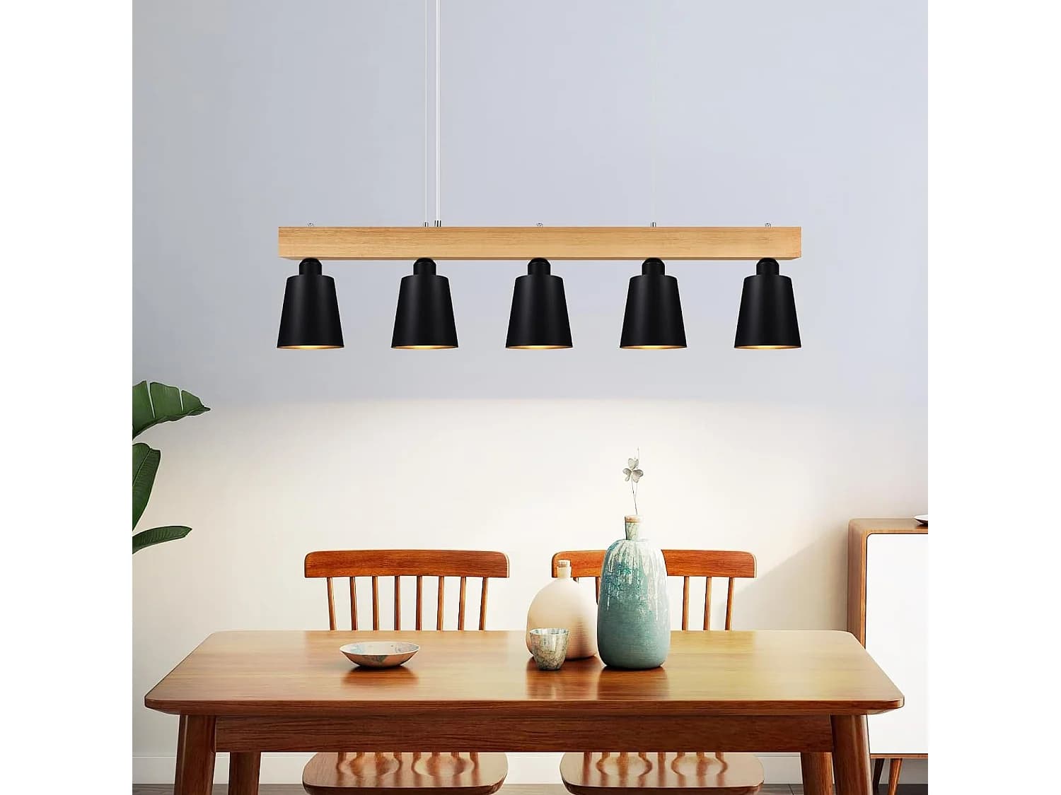 Nettlife Suspension 5 Ampoules E27 Noir Diam.102 cm Moderne Métal et Bois Lampe de salle à Manger pour Chambre Cuisine Couloir – Design – Dimensions