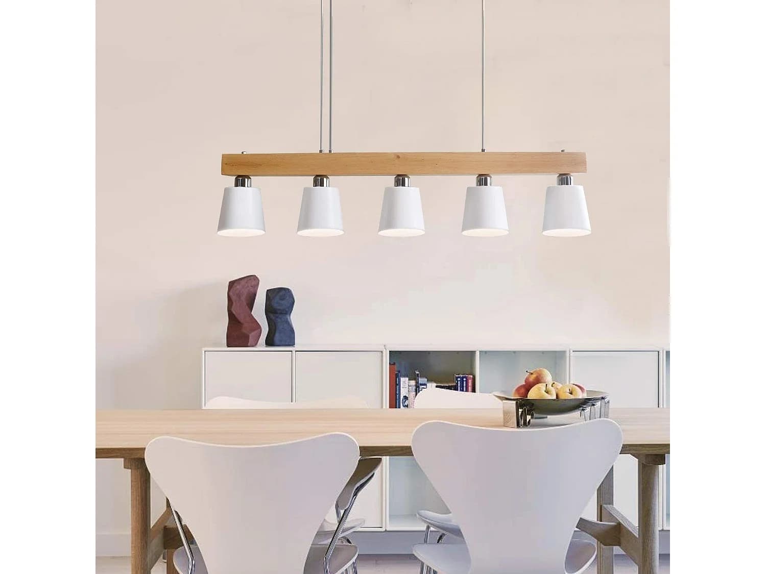 Nettlife Suspension 5 ampoules E27 blanc moderne Métal et bois lampe de salle à manger Diam.102 cm pour cuisine salon couloir hôtel – Design – Dimensions