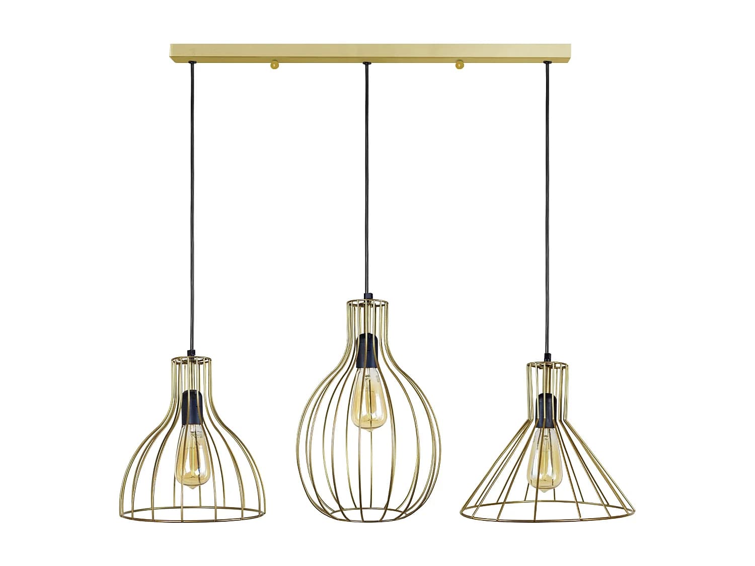 Lustre barre 3 pendels rugby filaire doré 95 cm.