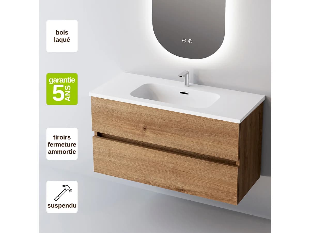 Meuble salle de bain ANCONA 100cm – Plan vasque céramique, 2 tiroirs, finition Finition Chêne Naturel, H 54cm x P 45cm