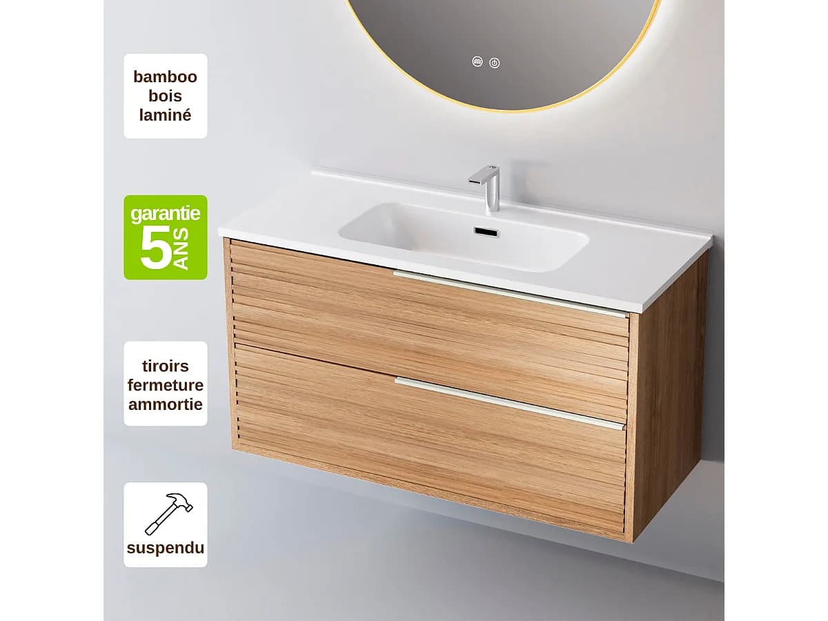 Meuble Salle de Bain BAMBOO 80cm, Plan Vasque Céramique, 2 Tiroirs Poignée Inox Satiné, Finition Chêne Naturel, H 54cm x P 45cm