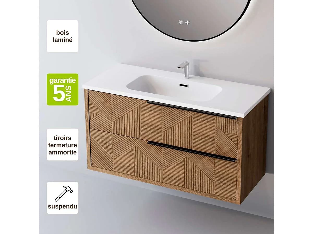 Meuble Salle de Bain REEL 100cm, Plan Vasque Céramique, 2 Tiroirs Impression 3D Poignée Noir, Finition Chêne Moyen, H 54cm x P 45cm