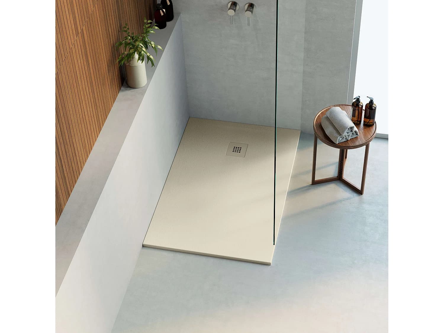 Receveur de douche 140x80 extra-plat Beige en résine minérale antidérapant effet ardoise - Thor LAVABERG