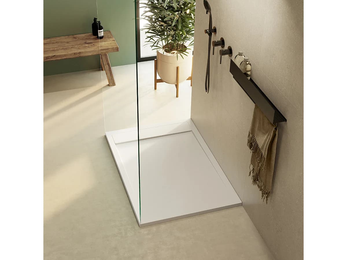 Receveur de douche 120x90 extra-plat Blanc en résine minérale antidérapant effet ardoise - Magnus LAVABERG