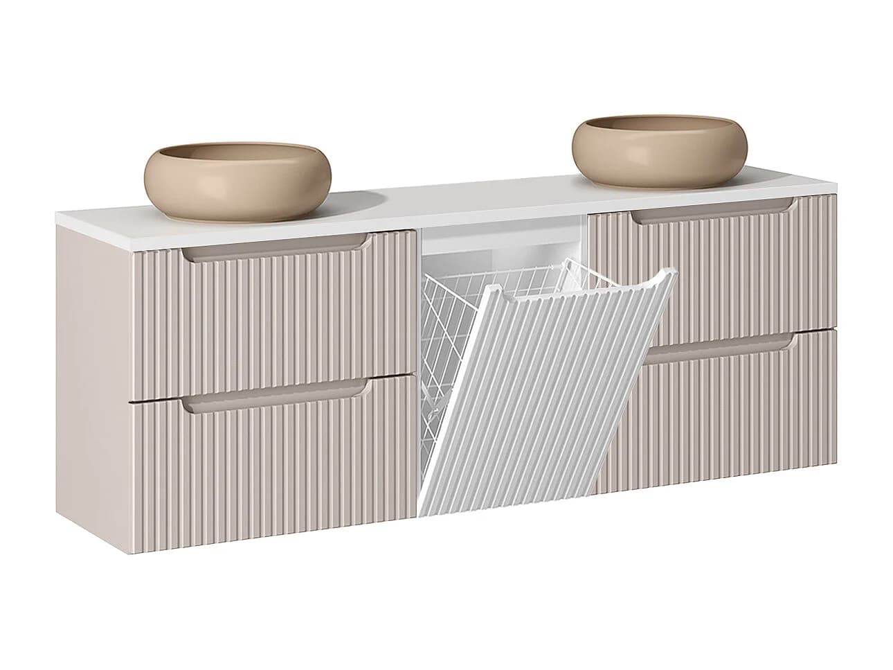 Meuble double vasque 160cm panier à linge Riva Cachemire et Blanc