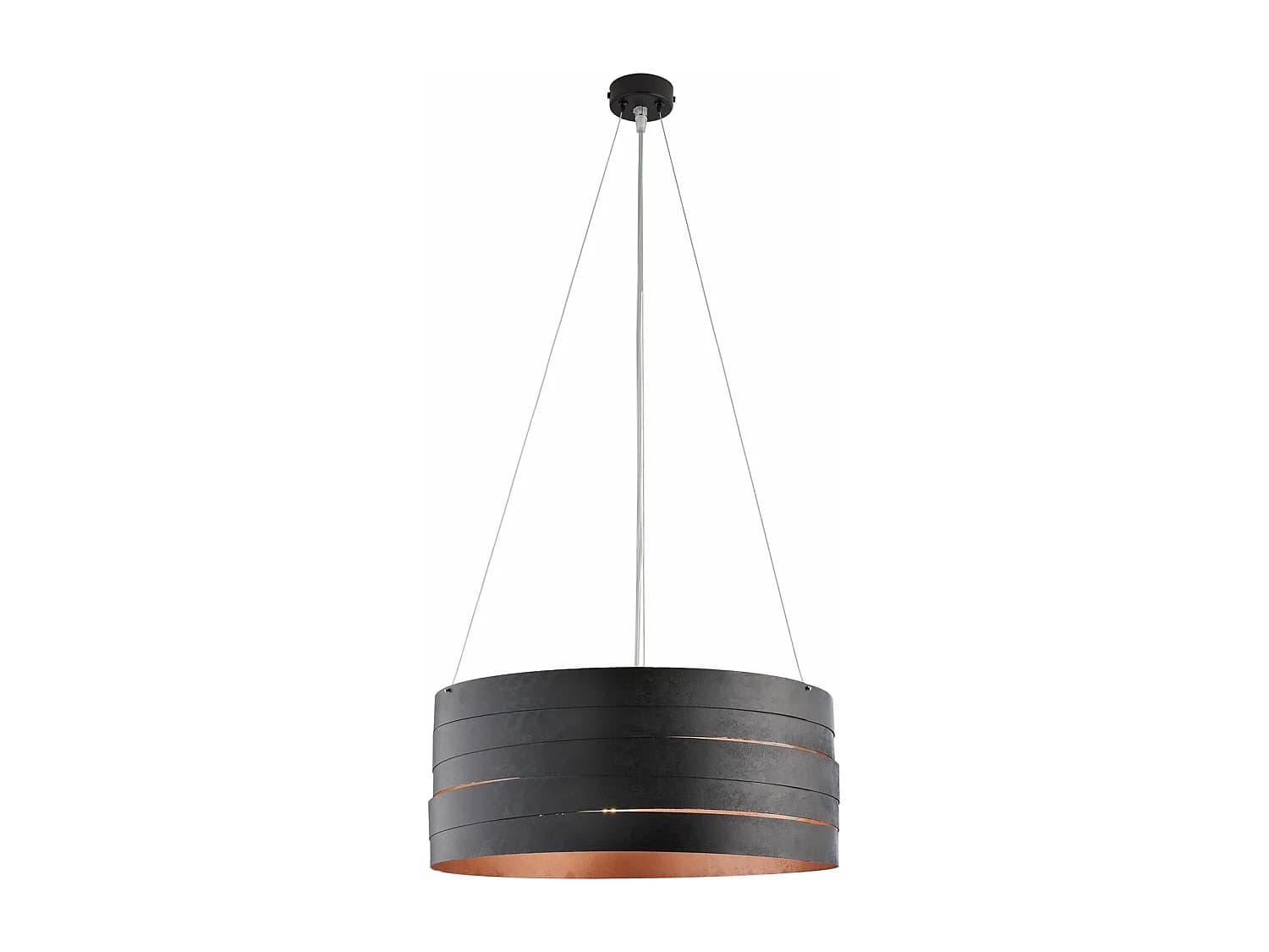 Suspension Mambo noire, déco noire extérieure/intérieure cuivre antique, câbles acier réglables, 3 lumières d.45