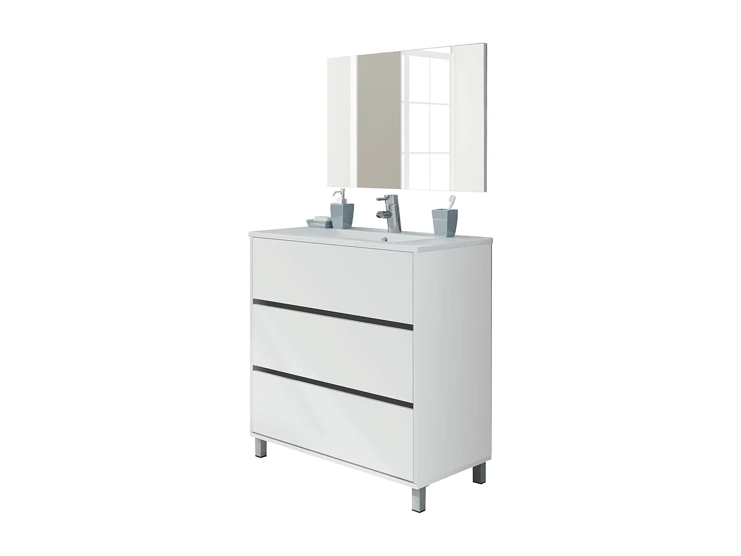 Meuble de salle de bain avec 3 portes coloris blanc - Hauteur 88 x Longueur 81 x Profondeur 47 cm