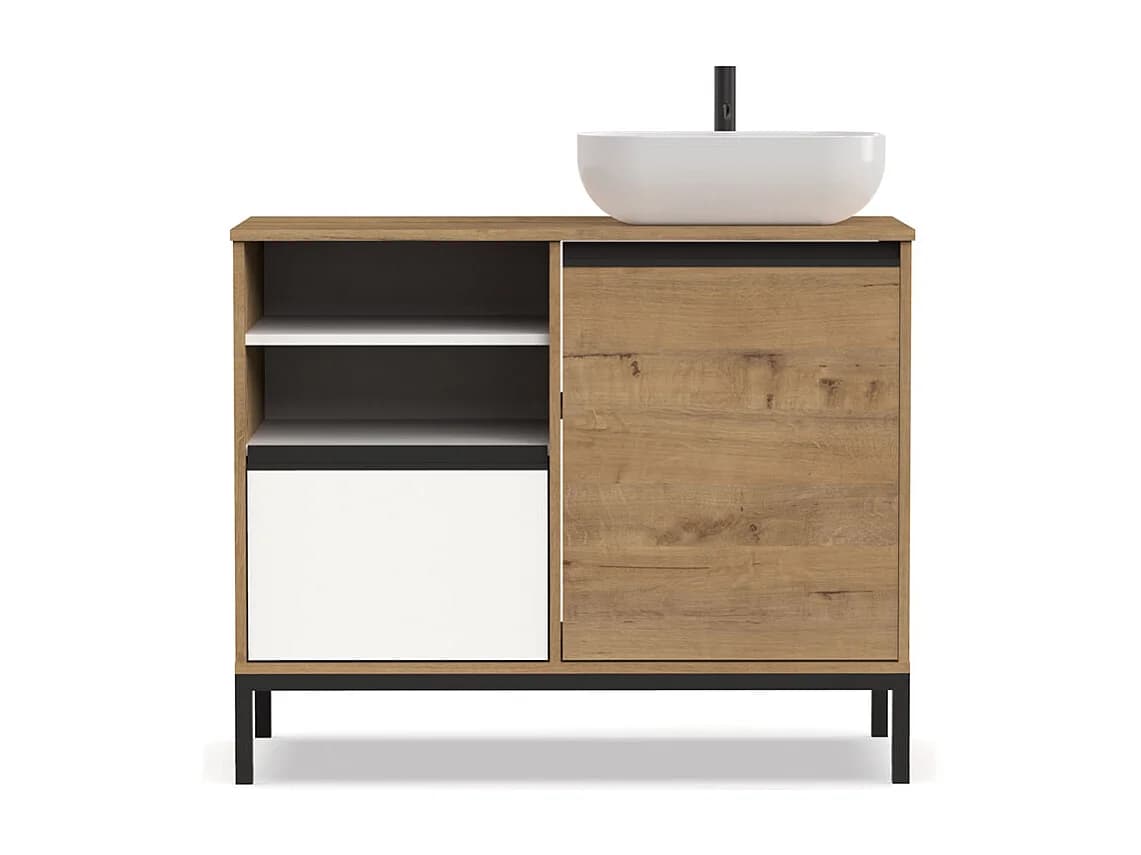 Meuble de salle de bain coloris chêne doré / pieds noir - Hauteur 81 x Longueur 100 x Profondeur 51 cm
