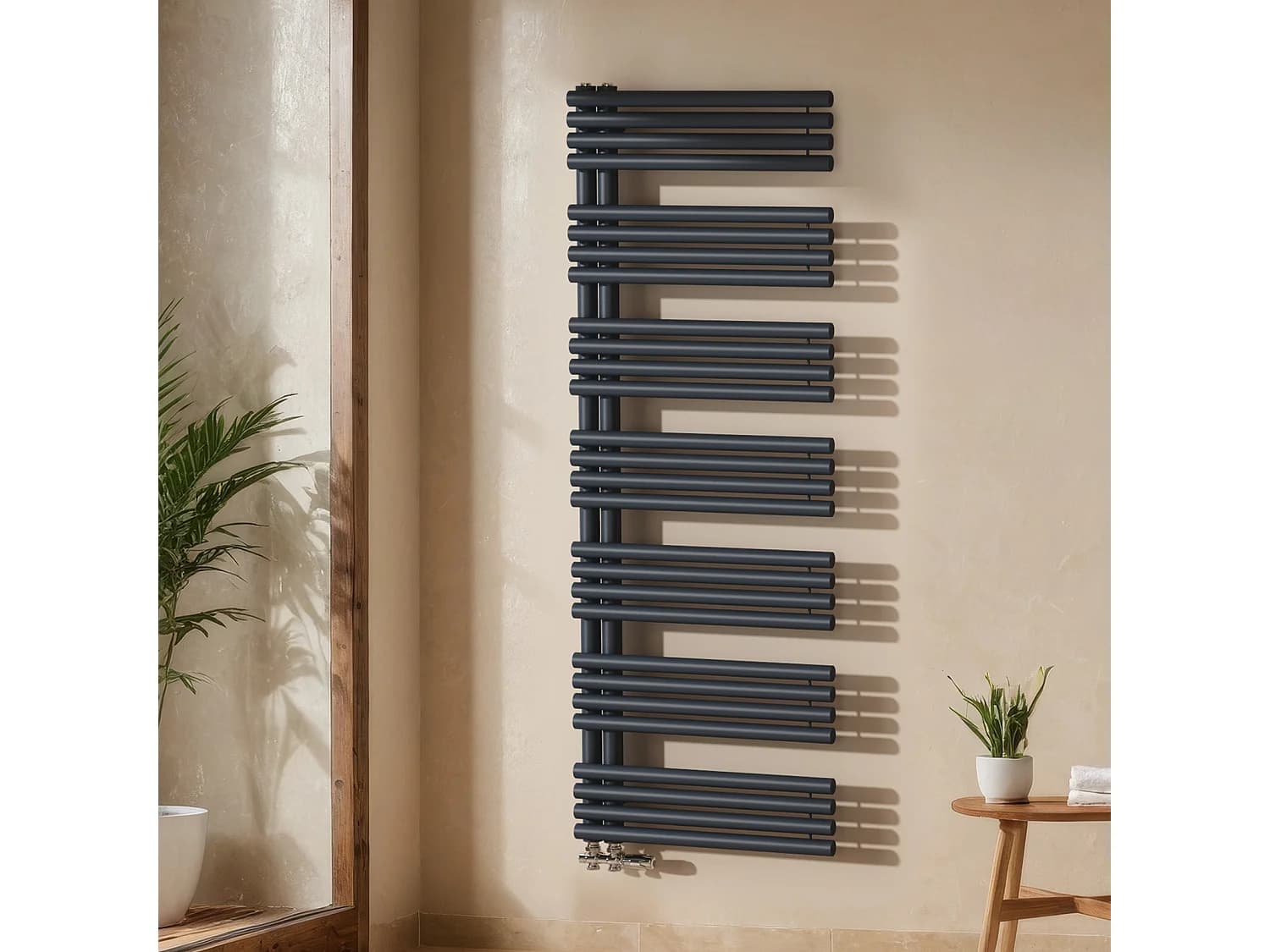 EMKE Sèche Serviettes à Eau Chaude pour Salle de Bain, 1660 x 600 mm, Tuyaux Ronds Porte-Serviettes, Chauffe-Serviettes, Anthracite 1075W