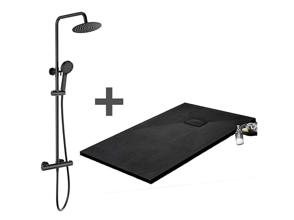 Pack Receveur de douche 90 x 160 cm extra plat noir + Colonne de douche thermostatique