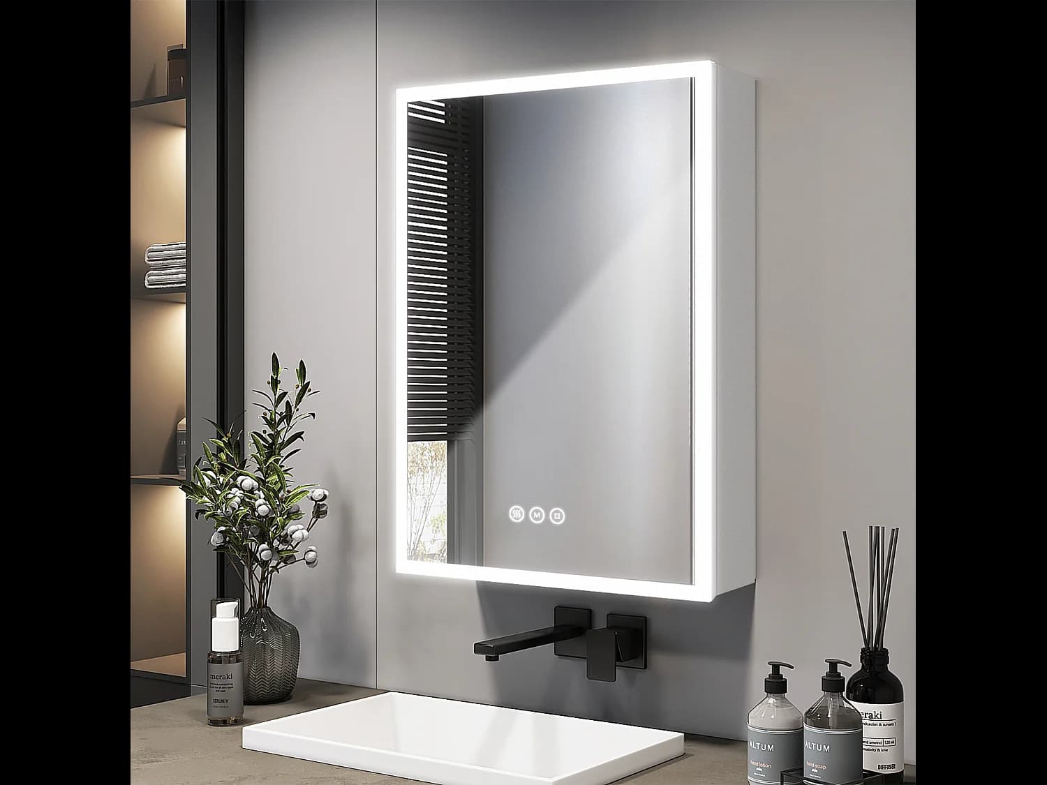 EMKE Armoire de Toilette avec Éclairage 50x70cm, Armoire de Salle de Bains avec 3 Couleurs de Lumière, Réglable, Anti-Buée, Prise de Courant