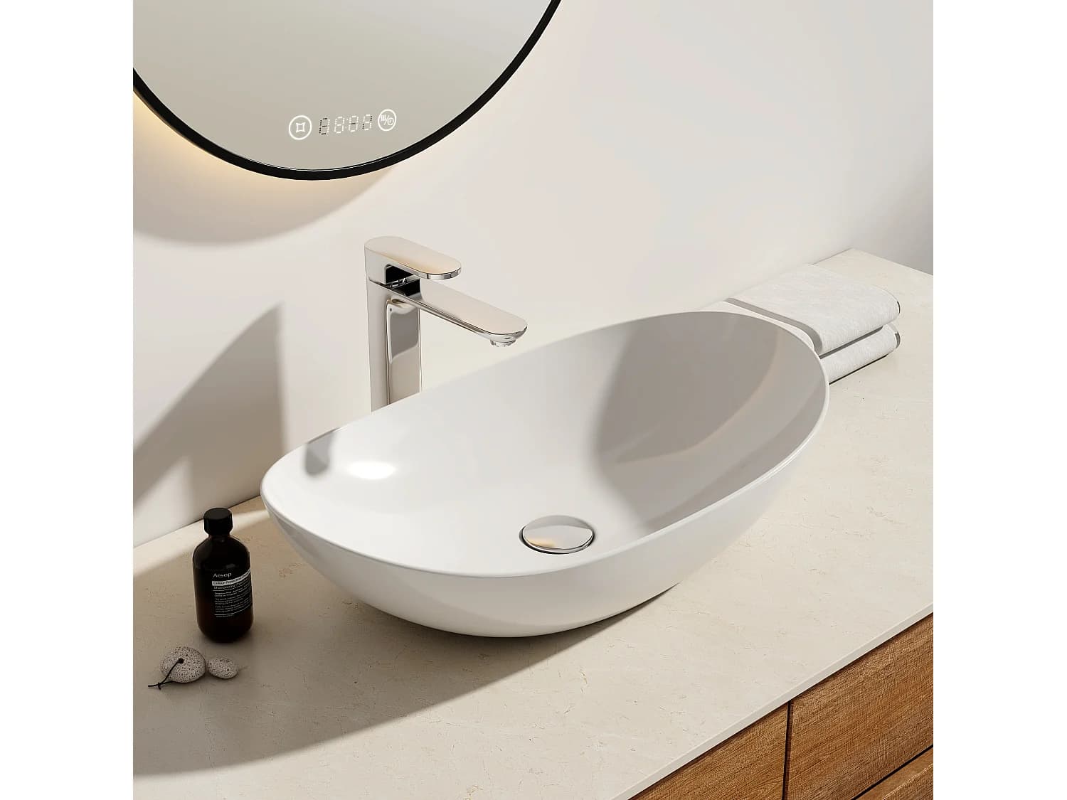 EMKE Vasque à Poser en céramique 61,5×36×15,5cm, Lavabo salle de bain Ovale, Lavabo à poser blanc brillant