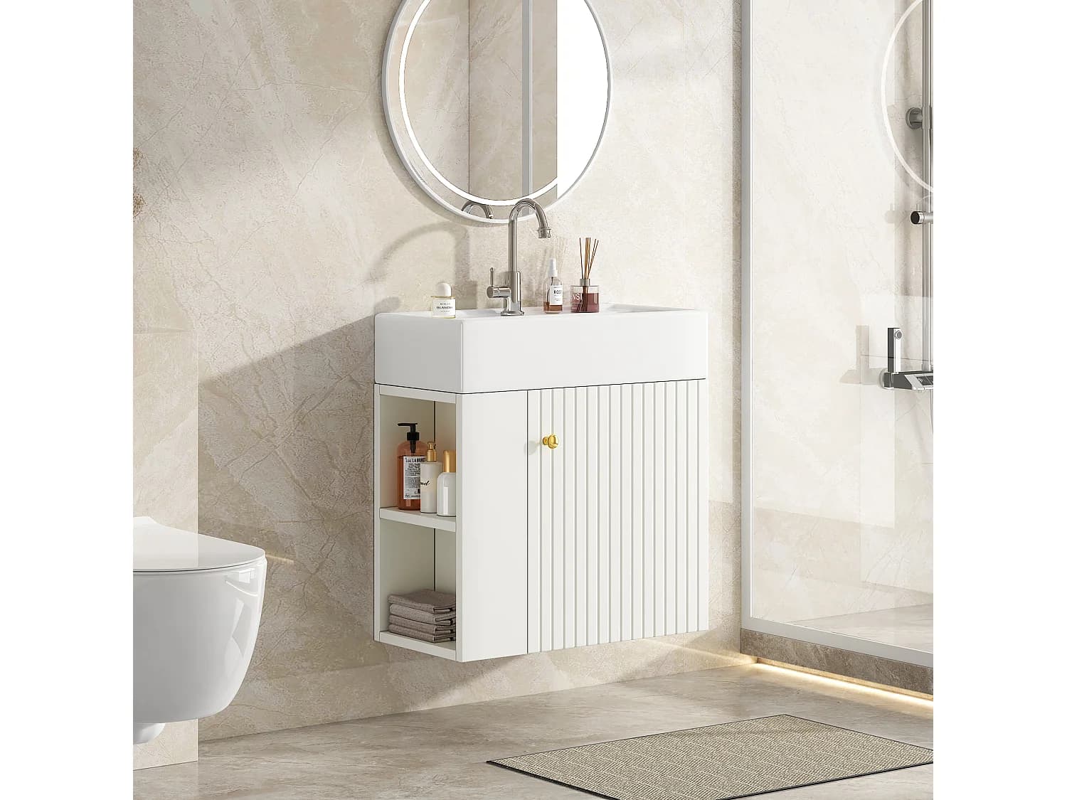 Meuble de salle de bain vasque simple - 2 niches latérales et 1 porte - 55 x 31 x 66.5 cm - Panneaux de particules - Blanc