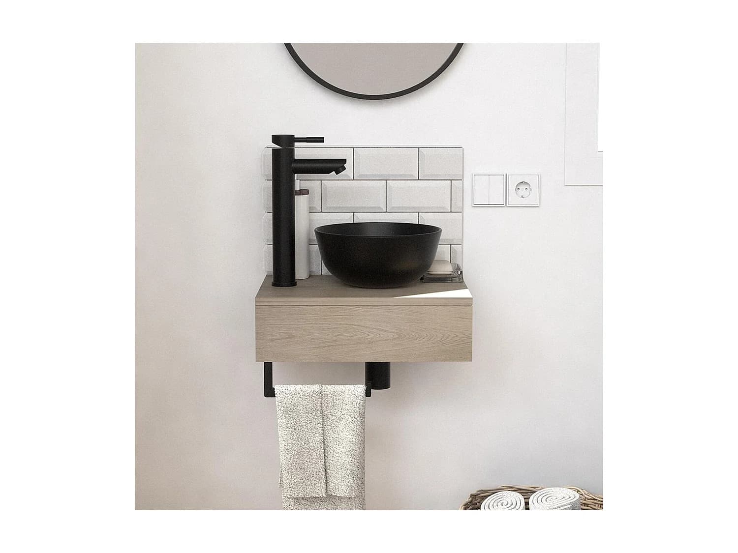 Meuble lave-mains SOHO plan épais vasque noire + robinet