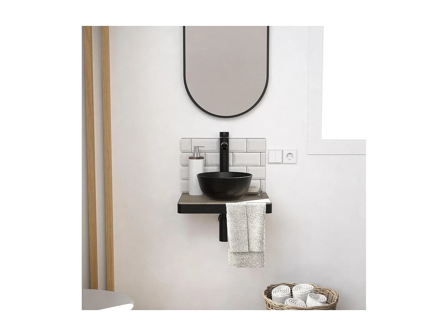 Meuble lave-mains SOHO plan fin p-serviette face vasque noire + miroir