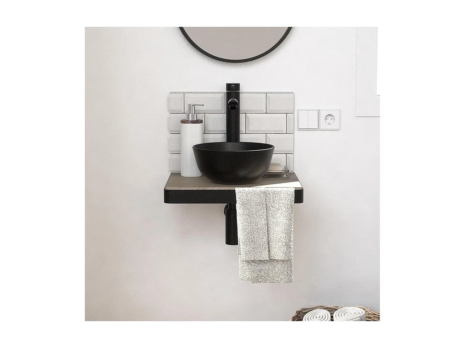 Meuble lave-mains SOHO plan fin p-serviette face vasque noire + robinet