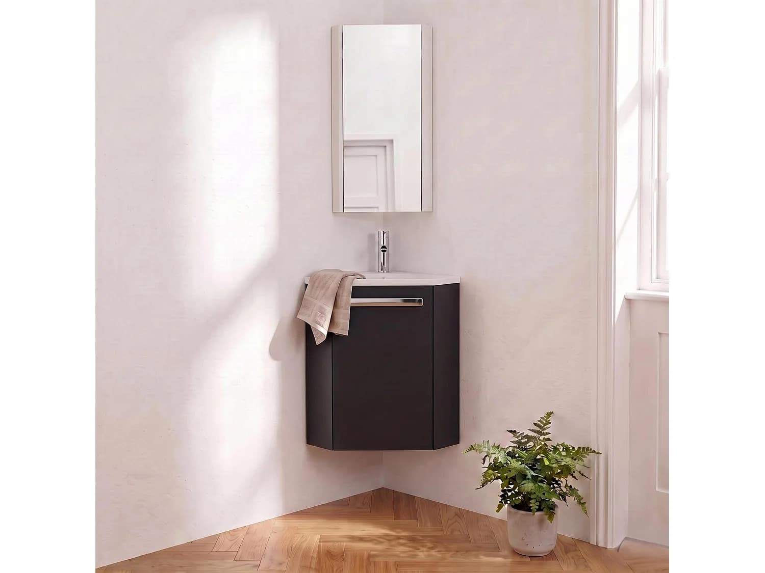 Ensemble lave-mains angle suspendu SKINO avec robinet et armoire d'angle