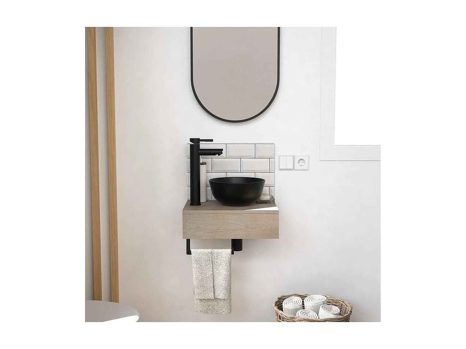 Meuble lave-mains SOHO plan épais vasque noire + miroir
