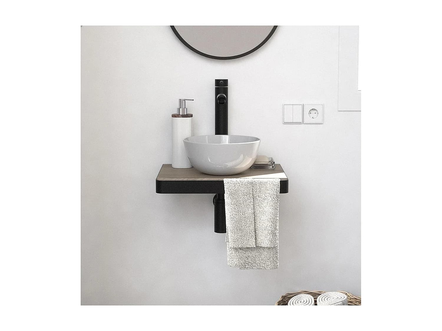 Meuble lave-mains SOHO avec porte serviette, vasque blanche et robinet