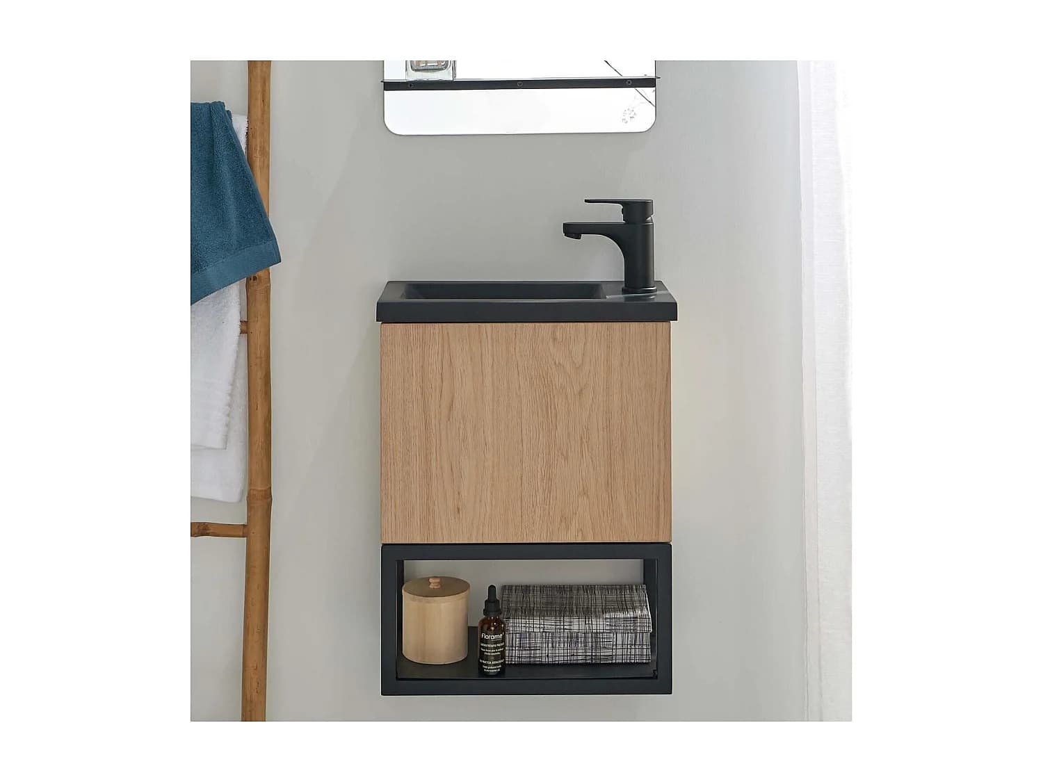 Ensemble lave-mains NOVA suspendu métal et bois avec robinet noir